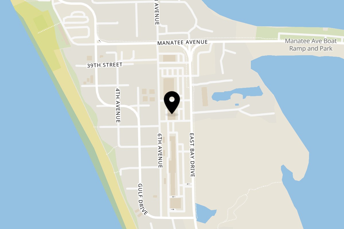 Map showing the location of Kiwi Style Fish and Chips Florida on 3608 E Bay Dr in Holmes Beach